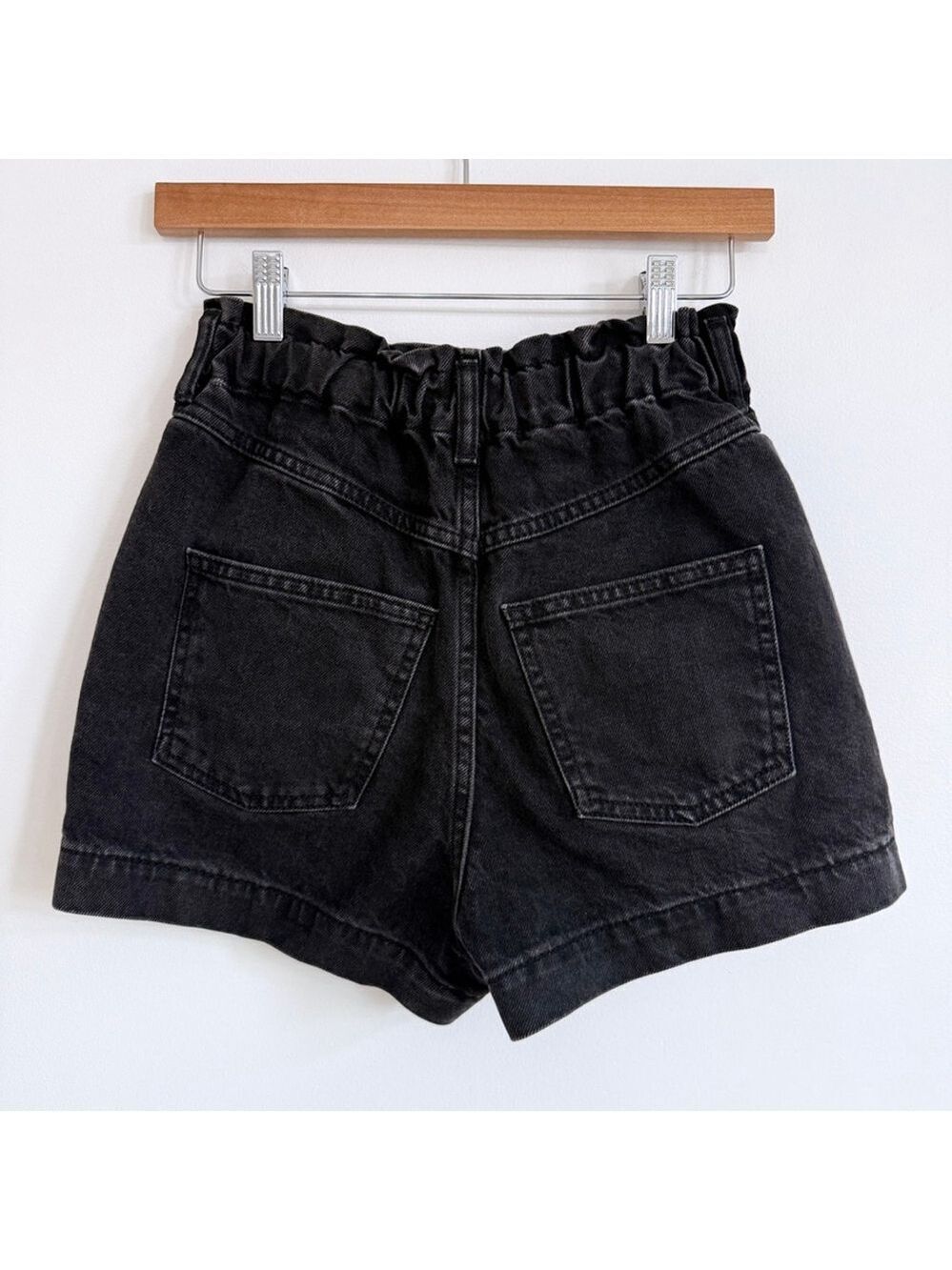 Topshop High Waisted Paperbag Black Denim Shorts Womens US 2 Cotton - Picture 4 of 10